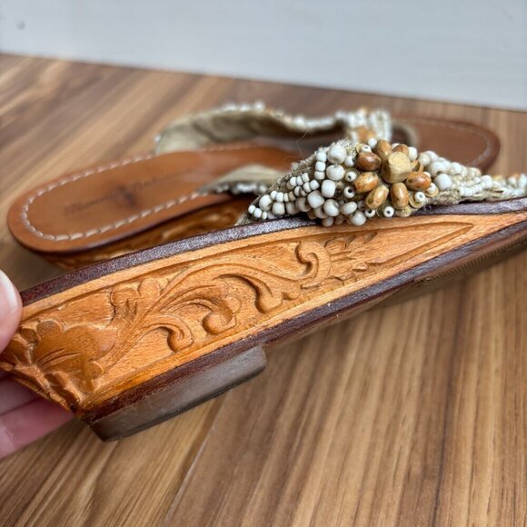 Tommy Bahama Beaded Carved Wood Wedge Flip Flop Thong Sandals Beachy Boho - Picture 7 of 15